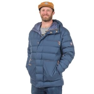 NWT Big Agnes Freighter Down Hooded Jacket Blue Base Camp Medium Zip Snap‎